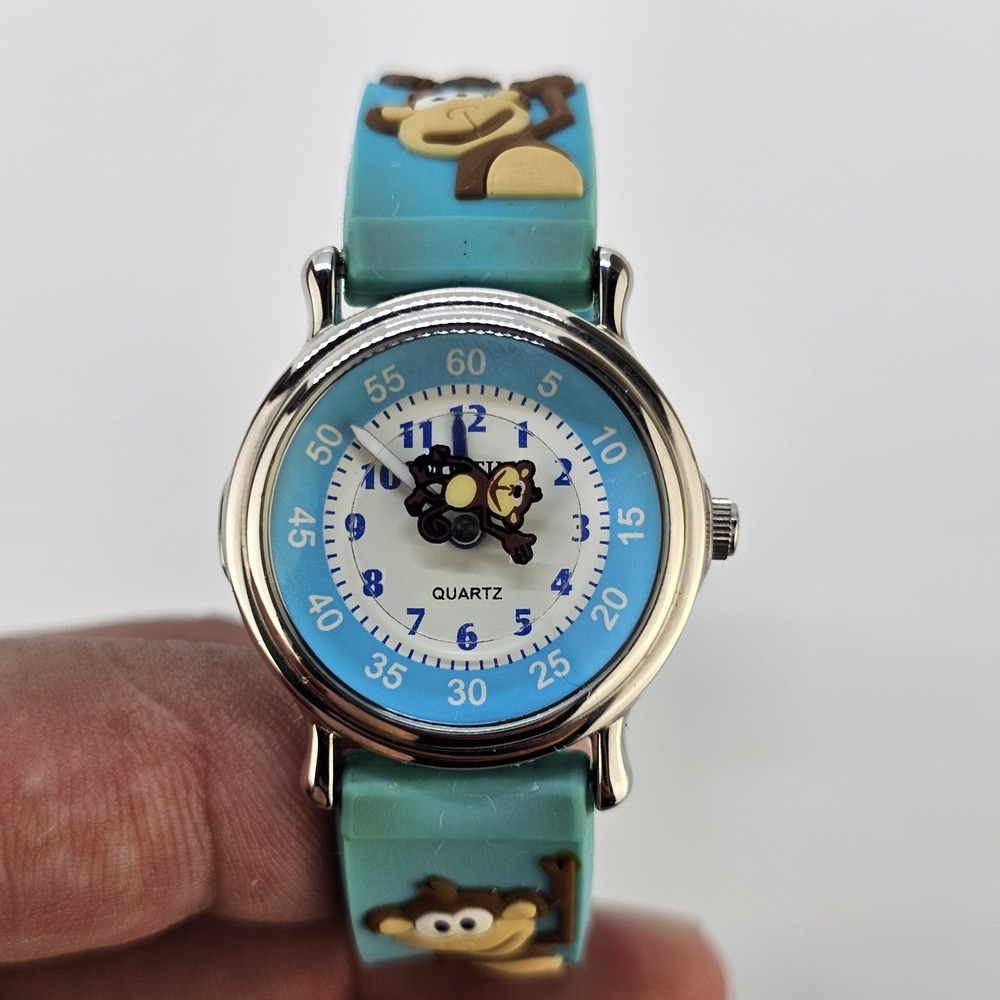 Kids Watch 27MM Blue White Dial Blue Cartoon Monkeys Plastic Bands New Battery